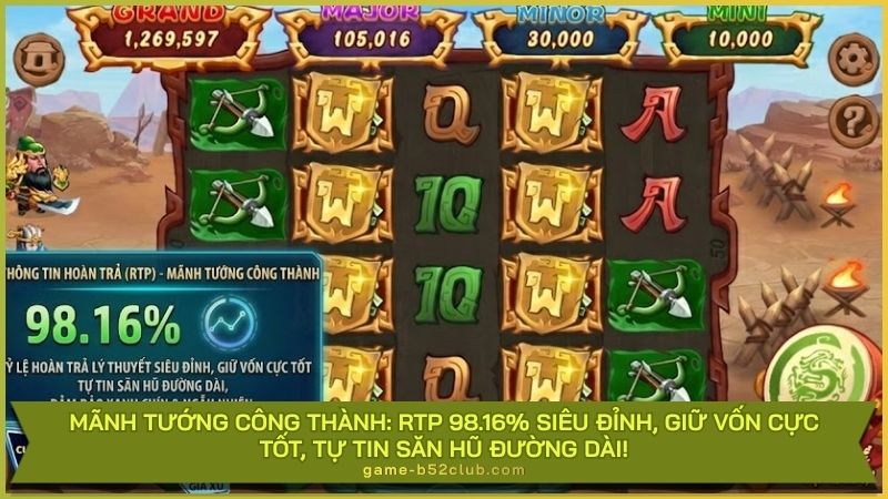 Mãnh Tướng Công Thành: RTP 98.16% siêu đỉnh, giữ vốn cực tốt, tự tin săn hũ đường dài!